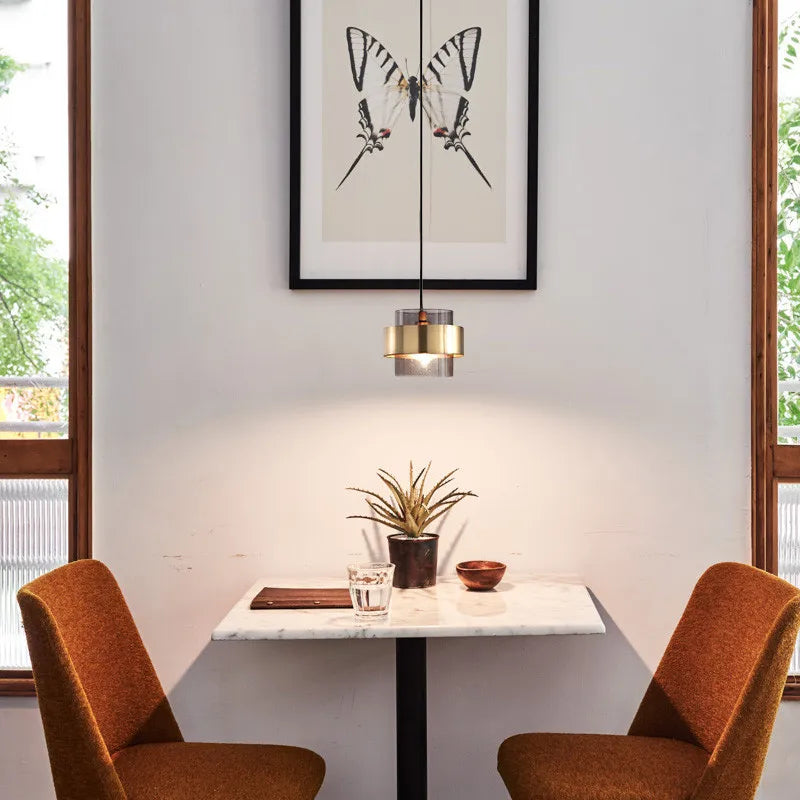 Nordic Glass Pendant Light | Modern Brass Cylinder Design